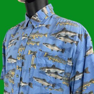 VTG 90s Columbia Fly Fishing Rainbow Trout All-Over Print Button-Up Shirt